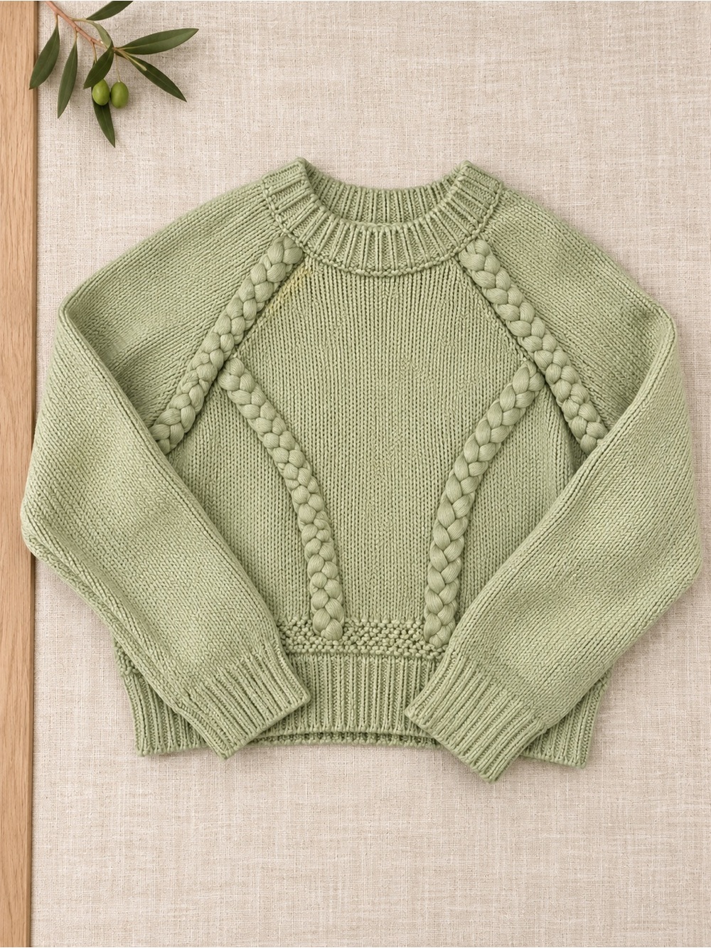 Forever 21 Light Sage Braided Cable Knit Crewneck Sweater